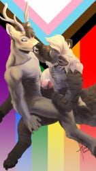 absurd_res anthro antlers blonde_hair bodily_fluids brown_body brown_hair cervid closed_eyes cum cum_on_penis danicommissions duo ejaculation facial_scar frottage fur genital_fluids genitals hair hi_res horn hyaenid inner_ear_fluff kissing lgbt_pride male male/male mammal multicolored_body multicolored_fur muscular muscular_male nipples penis pride_colors progress_pride_colors scar sex striped_hyena stripes tan_body tuft two_tone_body two_tone_fur veiny_arms veiny_muscles