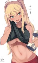 :d absurdres ahoge bangs bare_shoulders black_shirt black_tank_top blonde_hair blush breasts breath clothes_lift cowboy_shot dark-skinned_female dark_skin dated dumbbell dumbbell_nan_kilo_moteru? eyebrows_visible_through_hair female green_eyes groin gyaru highres himuka_(523) holding large_breasts long_hair looking_to_the_side navel oerba_yun_fang open_mouth sakura_hibiki_(dumbbell_nan_kilo_moteru?) shirt shirt_lift signature simple_background smile solo stomach sweat tan tank_top translation_request twintails underboob white_background wiping_face wiping_sweat wiping_with_shirt