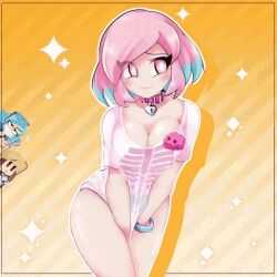 3girls ami_(gwain_saga) animated background_character blue_hair blush bob_cut brown_hair cleavage collar cosplay deva_(gwain_saga) embarrassed female female_only fidgeting geoexe geoexe_(artist) gwain_saga human lanney loop nervous pink_eyes pink_hair shirt solo_focus two_tone_hair yumemi_riamu