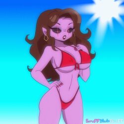 1girls animated ass beach belly_button big_breasts bikini black_sclera blue_background bouncing bouncing_breasts bra breasts brown_hair butt cameltoe cleavage clothed color colored cowboy_shot cute demon demon_girl earrings female female_only friday_night_funkin gif glowing_eyes hand_on_hip hourglass_figure large_breasts lipstick long_hair looking_at_viewer midriff milf mommy_mearest navel newgrounds nipple_bulge panties purple_body purple_skin pussy_visible_through_clothes red_bikini red_bra red_panties scruffmuhgruff simple_background solid_color_background solo_female standing sun tagme thighs watermark