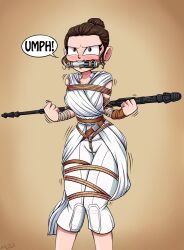 1girls 2d angry bit_gag blush bondage brown_hair female female_only front_view fully_clothed gag gaggeddude32 light-skinned_female rey rope_bondage solo solo_female standing star_wars