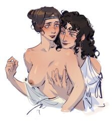 2girls ancient ancient_greece ancient_history aquiline_nose blush earrings female female_only femsub fondling_breast greek greek_female human human_only large_breasts light-skinned_female light_skin lullindo mediterranean multiple_girls nationbeingthing nipples southern_european toga tunic yuri