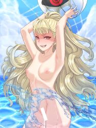 1girls absurdres armpits arms_up ball bangs beach beachball blonde_hair blush breasts brown_eyes censored cleavage cloud cloudy_sky collarbone commission completely_nude day earrings eitri_(fire_emblem) female female_only fire_emblem fire_emblem_heroes highres holding holding_ball holding_beachball jewelry long_hair looking_at_viewer navel nintendo nipples nude nude_female pocari66 ponytail sky small_breasts smile smug solo splashing teeth very_long_hair water