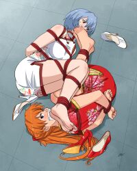 2girls asuka_langley_sohryu blue_toenails bondage clothing dress duo feet female female_only gag lostonezero neon_genesis_evangelion orange_toenails rei_ayanami rope_bondage soles sweat tied_up toenail_polish toes