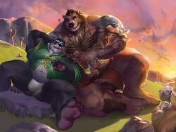 anthro bara bear bin_(character) bulge duo furry garoh gay hairy male male_only muscles muscular overweight panda spread_legs zoroj