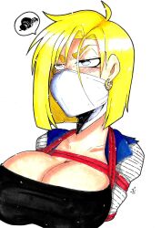 1girls android_18 angry arms_behind_back blonde blonde_hair bondage bound breasts_bigger_than_head busty clothed dragon_ball earrings female femsub gag grumpy_sub huge_breasts restrained rope_bondage rope_harness short_hair stuffed_mouth_gag tied_up unhappy_female