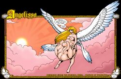 angel belly big_belly blonde_hair blue_eyes breasts female frostbyte hand_on_belly large_breasts nipples same_size_vore vore wings