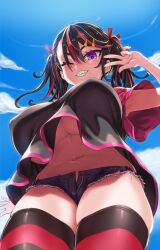 ariduka_formica asanagi black_hair breasts cloud cloudy_sky denim denim_shorts female from_below grin hair_ornament hairclip huge_breasts medium_hair micro_shorts midriff mole mole_under_mouth multicolored_hair navel one_eye_closed open_fly purple_eyes red_hair sharp_teeth shirt_overhang shorts shortstack sky smile solo streaked_hair striped striped_legwear teeth thighhighs twintails underboob v virtual_ant_channel virtual_youtuber