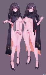 2girls absurdres bangs bar_censor barcode barcode_tattoo black_footwear black_hair black_nails breasts censored clothes_lift eonsang eyebrows_visible_through_hair female girls'_frontline grin heart heart-shaped_pupils high_heels highres large_breasts lifted_by_self long_hair looking_at_viewer multiple_girls naked_tabard navel nipples nyto_(generic)_(girls'_frontline) nyto_(girls'_frontline) paradeus scapular shoes simple_background smile standing symbol-shaped_pupils tabard tattoo