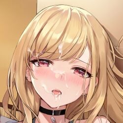 1girls bangs black_choker blonde_hair blush choker commentary_request cum cum_in_mouth cum_on_hair earrings eyebrows_visible_through_hair face facial female gyaru jewelry kitagawa_marin kuza_brs long_hair looking_at_viewer open_mouth piercing red_eyes solo sono_bisque_doll_wa_koi_wo_suru swept_bangs