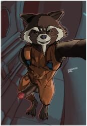 1boy 2020s 2021 brown_fur clothed clothing dripping erokaiga furry inside leaking male_only marvel orange_clothing raccoon rocket_raccoon selfie small_but_hung solo solo_focus space tagme