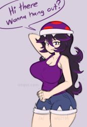 1girls big_breasts breasts cleavage clothing dialogue dodo-bot female female_only front_view fully_clothed human jean_shorts looking_at_viewer mario_(series) medium_breasts nintendo offering_to_viewer original_character piranha_plant piranha_plant_girl pov purple_eyes purple_hair purple_shirt purple_topwear short_shorts smile solo text text_bubble thick_thighs thighs wide_hips