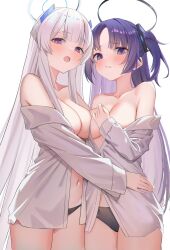 2girls asymmetrical_docking big_breasts black_and_blue_halo black_panties blue_and_white_halo blue_archive blush breast_press breasts closed_mouth collarbone commentary embarrassed front_view grey_hair halo hi_res holding hugging long_hair lookhow looking_at_viewer millennium_science_school_student multiple_girls navel noa_(blue_archive) off_shoulder open_clothes open_mouth open_shirt panties partially_clothed purple_eyes purple_hair seminar_(blue_archive) shirt stanidng two_side_up underwear very_long_hair white_background white_shirt yuuka_(blue_archive)