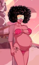 09111 0024387 1girls afro beach belly belly_button big_belly big_breasts bikini black_hair breasts eyepatch_bikini female garnet_(steven_universe) glasses navel outie_navel plump_lips pregnant red_skin solo_female steven_universe visor