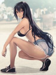 alternate_costume black_hair blue_shorts blush breasts brown_eyes closed_mouth collarbone cowboy_shot denim denim_shorts female hair_between_eyes highres kantai_collection kasumi_(skchkko) large_breasts long_hair nagato_(kantai_collection) navel short_shorts shorts solo torn_clothes