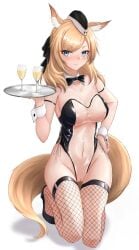 absurdres animal_ear_fluff animal_ears arknights arm_strap bare_shoulders black_bow black_bowtie black_footwear black_headwear black_legwear blonde_hair blue_eyes blush bow bowtie breasts bunnysuit cleavage closed_mouth covered_navel cup detached_collar drink drinking_glass female fishnet_legwear fishnets full_body garrison_cap groin hand_on_hip hat high_heels highres holding holding_tray horse_ears horse_girl horse_tail kneeling large_breasts leotard long_hair looking_at_viewer nankaichimu navel nose_blush pussy see-through simple_background solo strapless strapless_leotard tail thigh_gap thighhighs traditional_bowtie transparent_bunnysuit tray uncensored whislash_(arknights) white_background wrist_cuffs