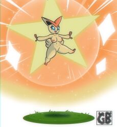 blue_eyes female floating fur hi_res humanoid humanoidized legendary_pokémon lights nintendo orange_body orange_fur pokémon_(species) pokemon short_stack shortstack smile sparkles speed_lines star terryeternity victini video_games yellow_body yellow_fur