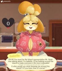 2022 animal_crossing animal_crossing_new_horizons anthro big_breasts blush breasts canine cleavage closed_eyes detailed_background dialogue dog_ears english_text eyelashes female female_only fur furry furry_only gammainks hair heart hi_res huge_breasts isabelle_(animal_crossing) large_breasts looking_at_viewer nintendo smile smiling smiling_at_viewer solo speech_bubble text thick_thighs thighs thunder_thighs wide_hips yellow_fur yellow_hair