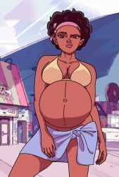 09111 0024387 1girls afro belly big_belly big_breasts bikini bikini_top breasts brown_eyes brown_hair cartoon_network dark-skinned_female dark_skin female female_only kiki_pizza pregnant solo_female steven_universe