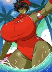 1girls alternate_version_available black_hair black_sclera blush female female_only green-skinned_female green_skin headwear huge_breasts in_water lifeguard orc orc_female ova_(picco) palm_tree picco sea solo steam swimsuit thick_thighs very_high_resolution whistle