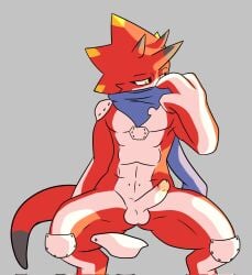 1boy abs anthro balls bandai_namco betelgammamon blush claws collaboration covering covering_face digimon digimon_(species) digimon_ghost_game embarrassed erection genitals heibanhikaru hi_res horn joshi_blueflame male male_only penis red_body scarf solo yellow_eyes