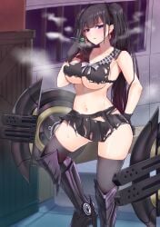 armored_boots bangs black_gloves black_hair black_legwear black_shirt black_skirt blue_eyes blush boots breasts candy collarbone earrings female food girls'_frontline gloves highres indoors jewelry knee_boots large_breasts lollipop long_hair looking_at_viewer miniskirt navel ouroboros_(girls'_frontline) parted_lips pleated_skirt popoman sangvis_ferri school_uniform serafuku shirt short_sleeves skindentation skirt standing steam thighhighs thighs torn_clothes twintails underboob