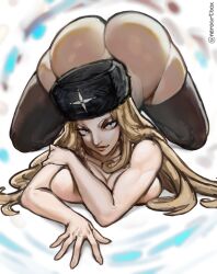 1girls aquiline_nose ass black_legwear blonde_hair blue_eyes bottomless breasts butt_crack cleavage eyebrows fur_hat hand_on_ground hand_on_own_arm huge_ass kolin_(street_fighter) large_breasts lips long_hair muscular muscular_female neroartbox no_bra no_panties solo street_fighter street_fighter_v thick_lips thick_thighs thighhighs thighs top-down_bottom-up ushanka wide_hips