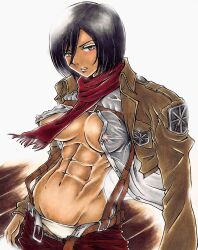 1girls abs attack_on_titan big_breasts black_hair female female_only inner_sideboob lostunicorn midriff mikasa_ackerman muscular_female nipple_bulge partially_clothed red_scarf scarf shingeki_no_kyojin short_hair solo