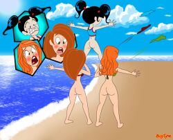 3girls ass barefoot beach bigtyme bikini_top black_hair bottomless cartoon_network crossover disney disney_channel embarrassed embarrassed_nude_female enf female female_only kim_possible kimberly_ann_possible kimiko_tohomiko kimmy_meisner long_hair multiple_girls parody pop_goes red_hair sym-bionic_titan twintails wardrobe_malfunction warner_brothers xiaolin_showdown