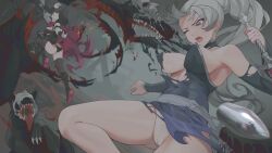 100wang 2girls ass asymmetrical_hair bangs battle black_hair black_legwear black_panties black_underwear blue_eyes breasts cape clothing crescent_rose detached_sleeves female grey_eyes grimm_(rwby) hi_res holding holding_weapon interspecies legwear long_hair medium_breasts multiple_girls myrtenaster no_bra one_eye_closed panties ponytail rapier ruby_rose rwby scar scar_across_eye short_hair side_ponytail sword teenage_girl teenager thighhighs tied_hair torn_clothes underwear weapon weiss_schnee white_hair white_panties white_underwear