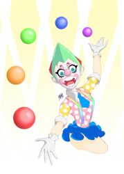 big_smile blue_eyes clothed clown clown_girl clown_makeup clown_nose collared_shirt gloves green_hair juggling looking_at_viewer novacantnames open_mouth pastel polka_dot red_hair short_hair simple_background skirt smile spiked_hair suspenders teeth thighs tie tutu