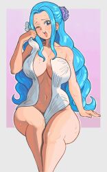 1girls big_breasts blue_hair breasts curvy edu_pompom female female_only long_hair navel nefertari_vivi nude one_eye_closed one_piece sitting solo sweat thick_thighs towel voluptuous wet_body