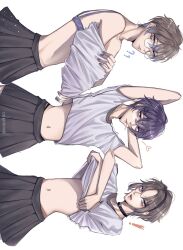 ! 2022 3boys ?? arched_back artist_name black_hair brown_hair chain_necklace collar crossdressing dearshine ear_piercing femboy girly glasses grey_hair hair_strand hairband heart ike_eveland indie_virtual_youtuber male male_lingerie male_only messy_hair midriff mysta_rias navel nijisanji nijisanji_en open_mouth shoto shoto_(vtuber) sideways skinny skirt undressing virtual_youtuber white_background