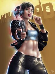 abs black_hair cleavage collarbone emotionless expressionless grand_theft_auto grand_theft_auto_online green_eyes gta_online_female_character gun holding_gun leather_jacket leggings licking lolipop lonedevil87 looking_at_viewer missbellamelli navel pov red_lipstick short_hair tomboy