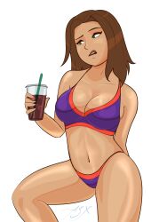 1girls alternate_version_available applespicex bikini bonnie_rockwaller breasts brown_hair cleavage dark-skinned_female disney disney_channel drink female female_only green_eyes kim_possible large_breasts long_hair looking_away navel raised_eyebrow solo white_background