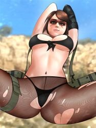 1girls alternate_version_available applespicex bra breasts brown_hair cleavage female female_only green_eyes hands_behind_head large_breasts looking_at_viewer looking_down metal_gear_solid metal_gear_solid_v navel outside panties pantyhose quiet_(metal_gear) smile solo spread_legs straps thong torn_pantyhose underwear