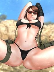 1girls alternate_version_available applespicex bra breasts brown_hair cleavage female female_only green_eyes hands_behind_head large_breasts looking_at_viewer looking_down metal_gear_solid metal_gear_solid_v navel outside panties quiet_(metal_gear) smile solo spread_legs straps thong underwear