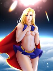 1girls applespicex blonde_hair blue_eyes cape clothed cloud crop_top dc female female_only kara_zor-el lens_flare lips long_hair looking_at_viewer microskirt miniskirt navel panties panty_peek pantyshot revealing_clothes shirt_lift skirt solo space supergirl superheroine underboob