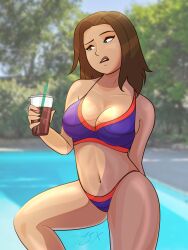 1girls alternate_version_available applespicex bikini bonnie_rockwaller breasts brown_hair cleavage dark-skinned_female disney disney_channel drink female female_only green_eyes kim_possible large_breasts long_hair looking_away navel pool poolside raised_eyebrow solo