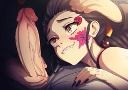 1boy 1girls alternate_version_available big_penis biting_lip black_hair blush blushing buttons cock_hungry cock_worship daki_(kimetsu_no_yaiba) demon_slayer eyebrows eyelashes fangs female hair_ornament hand_on_head hand_on_lap hand_on_thigh head_down head_on_lap holding_penis imminent_oral imminent_sex kimetsu_no_yaiba light_skin long_fingernails looking_at_penis male nail_polish neocoill offscreen_face painted_nails penis_awe petting shounen_jump staring_at_penis symbol-shaped_pupils tattoo text_in_eyes unseen_male_face veiny_penis