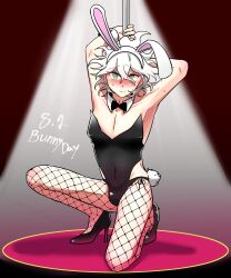 1boy blush bulge bunny_boy bunny_ears bunny_tail bunnysuit danganronpa danganronpa_2:_goodbye_despair embarrassed femboy green_eyes heels light-skinned_male light_skin male male_focus male_only nagito_komaeda pole smallix solo solo_focus solo_male straight_hair stripper_pole wavy_hair white_hair