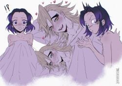 1boy 1girls ?! after_sex anger_vein bite_mark black_hair blanket blonde_hair blush completely_nude cute demon_slayer douma female hair_down hickey_marks in_bed kimetsu_no_yaiba kochou_shinobu male medium_hair messy_hair morning_after multicolored_eyes nude on_bed rainbow_eyes smile spiky_hair surprised sweat thick_eyebrows waking_up