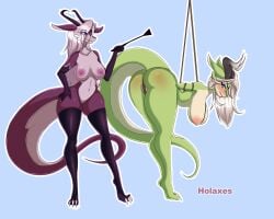 absurd_res anthro big_breasts bondage bondage bouncing_breasts bound breasts clothing dragon duo female female/female hi_res holaxes humanoid lingerie long_tail spank_marks thick_thighs