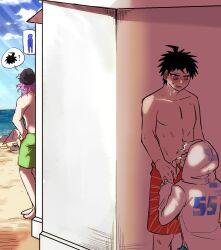 3boys beach blush clothing danganronpa danganronpa_s:_ultimate_summer_camp gay hiding hinata_hajime kazuichi_souda kneeling looking_at_another male male/male male_only nagito_komaeda outdoors outside public smallix straight_hair yaoi