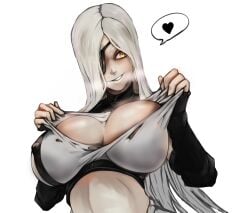 1girls absurdres alchemist_(girls'_frontline) black_gloves breasts covered_nipples elbow_gloves evil_grin evil_smile eyepatch female fingerless_gloves girls'_frontline gloves grey_hair grin hair_over_one_eye heart highres huge_breasts long_hair shirt smile solo spoken_heart torn_clothes torn_shirt upper_body white_background yellow_eyes zer0artzer0