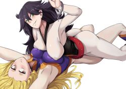 2girls asymmetrical_docking black_hair blonde_hair blushing blushing_at_viewer breast_press breasts broken_handcuffs brown_eyes clothed_female female female/female female_on_top female_only green_eyes happy_female hero_outfit_(mha) mask_off midnight_(my_hero_academia) mount_lady multiple_girls my_hero_academia nemuri_kayama nico-mo round_ass skindentation superheroine tight_clothing white_background yuri yuu_takeyama