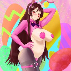 background belly_button blush bowtie breasts brown_hair bunny_ears bunny_tail chibi_(chibipower) chibipower easter fishnets hair_ornament hair_pin heart_eyes heart_tattoo looking_at_viewer nipple_stickers nipples_visible_through_clothing pantyhose pink_bunnysuit pink_ribbon posing purple_bowtie pussy_sticker red_eyes reverse_bunnysuit ribbon solo_female stockings virtual_youtuber