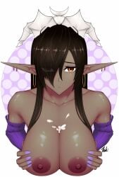 1girls after_paizuri black_hair breasts cleavage cum cum_on_body cum_on_breasts dark-skinned_female dark_elf dark_nipples dark_skin earrings elf female hair_over_one_eye highres jewelry kuroinu_~kedakaki_seijo_wa_hakudaku_ni_somaru~ large_breasts long_hair multiple_earrings nail_polish nipples olga_discordia pointy_ears purple_nails purple_sleeves ryu_seung simple_background solo white_background