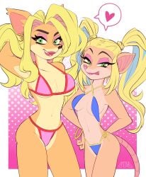 2girls anthro bikini blonde_hair blue_bikini breasts cleavage clothing crash_(series) duo eyeshadow female female_only fur furry heart large_breasts lipstick m5mona makeup pasadena_o'possum pink_bikini sling_bikini small_breasts tawna_bandicoot tongue tongue_out