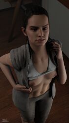 1girls 3d athletic athletic_female black_hair blender_(software) breasts female female_only fit fit_female high_resolution human light-skinned_female looking_at_viewer looking_up medium_hair open_shirt orange_eyes red_lj rey small_breasts solo_female standing star_wars tied_hair